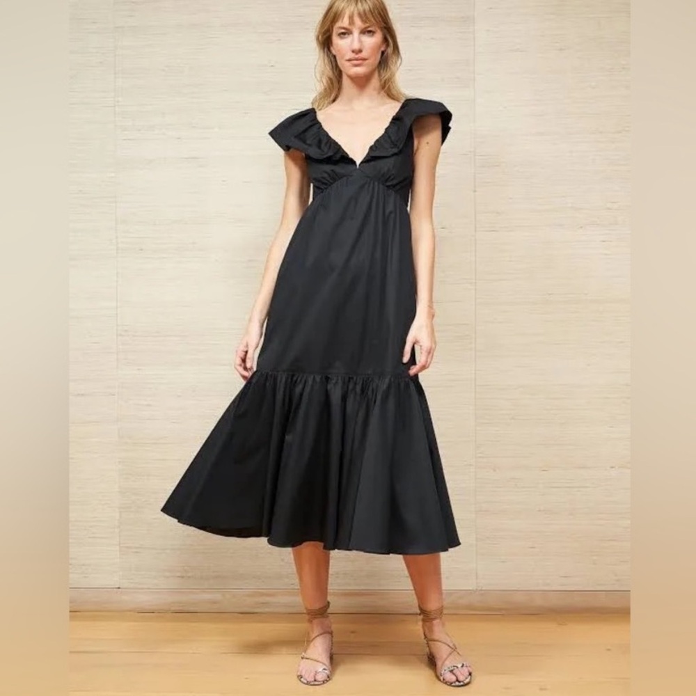 La Ligne || Marion Ruffle Shoulder Cotton Poplin Dress Black Small